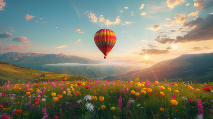 A colorful hot air balloon gracefully floats over a vibrant field of flowers, casting a magical scene against the clear blue sky