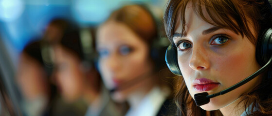 A woman wearing a headset is talking on the phone