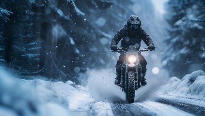 A motorcyclist braves a snowy terrain, the bike’s light cutting through the wintry landscape