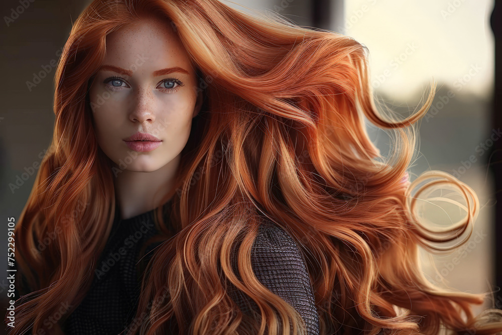 Wall mural A close up of a woman with striking long red hair, flowing in the wind, showcasing her stunning beauty and confidence