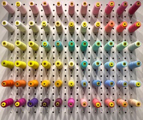 Colorful spools of thread are displayed on the wall of a tailor shop.