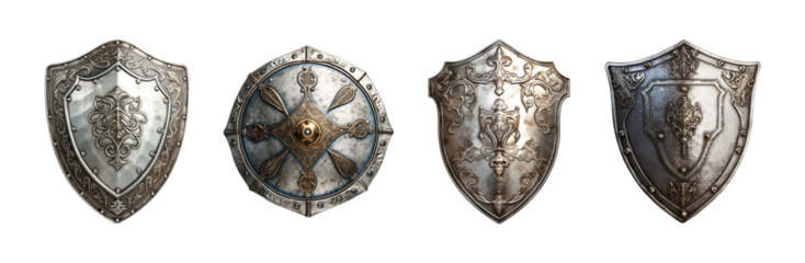 Collection of set An ancient silver shield isolated on transparent background. PNG file, cut out	