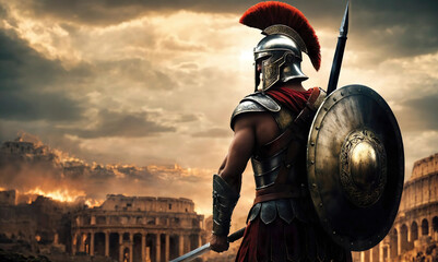 Roman male legionary (legionaries) wear helmet with crest, gladius sword and a scutum shield, heavy infantryman, realistic soldier of the army of the Roman Empire, on Rome, colosseum on background.