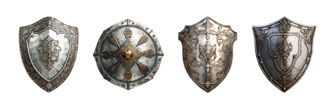 Collection of set An ancient silver shield isolated on transparent background. PNG file, cut out	