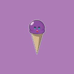 Purple Grape Ice Cream Cone Vector Illustration Sticker on a Purple background