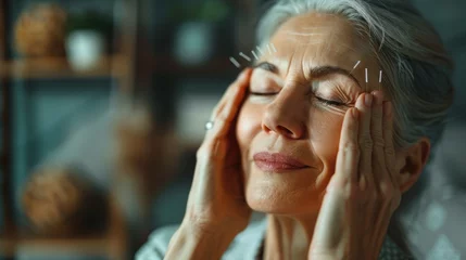 Tuinposter Middle-aged woman trying out acupuncture therapy to alleviate menopause symptoms, showing openness to alternative treatments © Татьяна Креминская