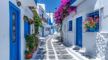 street in Mykonos. Travel concept and image with copy space. Pastel colors. #Greece - obrazy, fototapety, plakaty