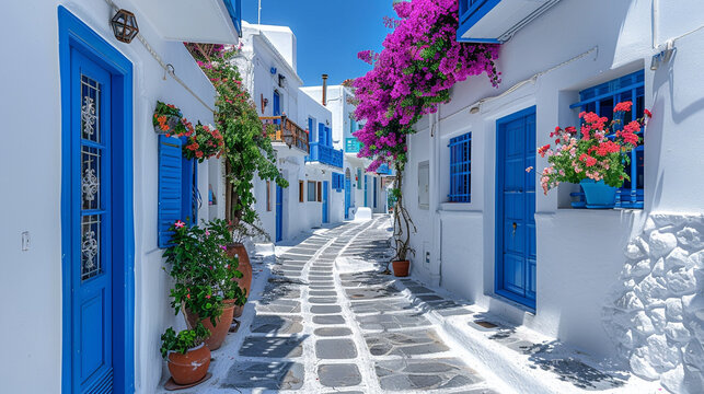 Fototapeta street in Mykonos. Travel concept and image with copy space. Pastel colors.  Greece
