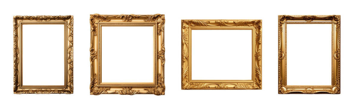 Collection of set Antique golden photo frame isolated on transparent background. PNG file, cut out	
