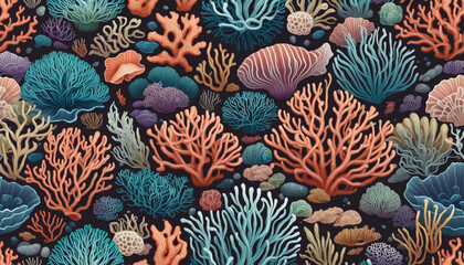 Corals and seaweed deep sea colorful background