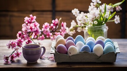 Easter eggs on rustic table with cherry blossoms
