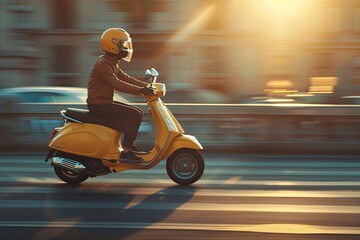 A person on a yellow scooter is captured in motion with a warm sunlight background, suggesting energy and urban life
