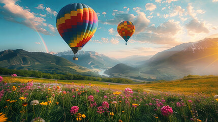 Two colorful hot air balloons float gracefully above a vibrant field of blooming flowers, creating a picturesque scene of beauty and tranquility