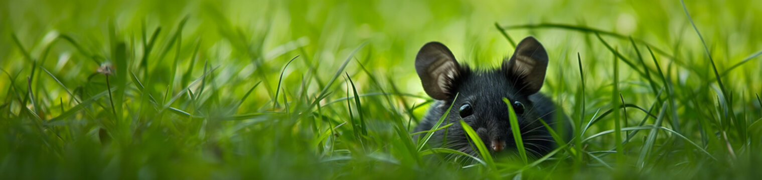 Rato preto na grama verde - Panorâmico 