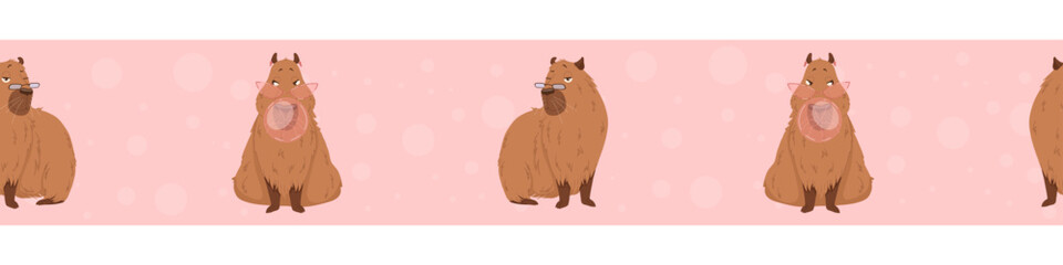 Vector masking tapes with capybaras with sunglasses. Seamless border.  Washi tape design. Pink background.