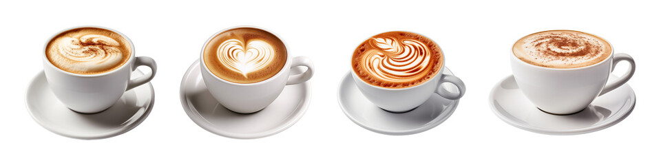 Collection of set Hot cappuccino coffee cup isolated on transparent background. PNG file, cut out	