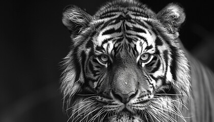Close-up of the head of an aggressive tiger monochrome, ai technology