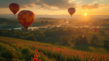 Three colorful hot air balloons gracefully soar above a vibrant, green field, creating a picturesque and peaceful scene against the clear blue sky