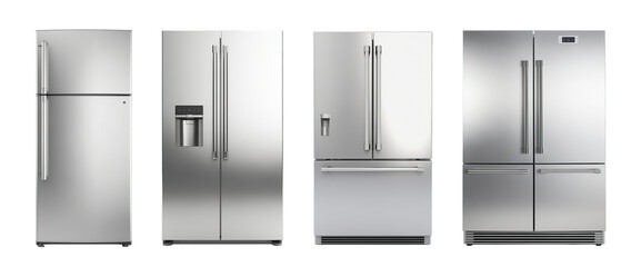 Collection of set Modern Stainless steel double door refrigerator Fridge side by side isolated on transparent background. PNG file, cut out	