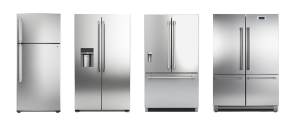 Collection of set Modern Stainless steel double door refrigerator Fridge side by side isolated on transparent background. PNG file, cut out	