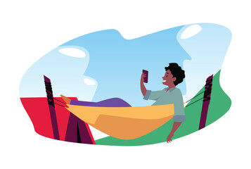 Isolated vector of a teenager with a phone in a hammock.