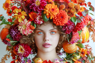 A woman exudes an aura of natural beauty as she wears a delicate wreath of colorful flowers on her head, embodying a sense of grace and connection to nature