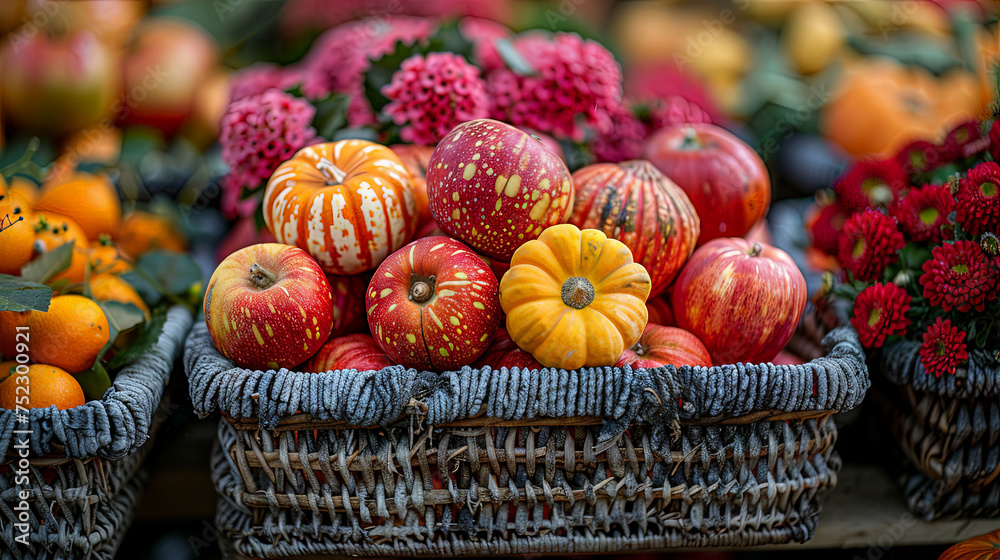 Poster a collection of various baskets overflowing with an assortment of fresh, vibrant fruits such as appl