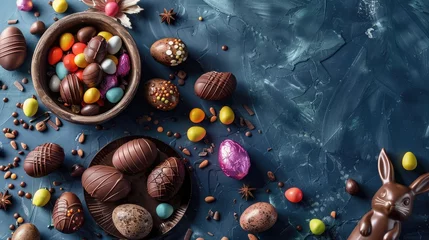 Zelfklevend Fotobehang Delicious chocolate easter eggs ,bunny and sweets on dark blue background © buraratn