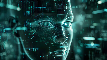 Digital face. Illustration for cyber data, digitalization and artificial intelligence.