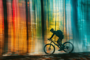 A man joyfully rides his bicycle through a lush, vibrant forest bursting with a multitude of colors