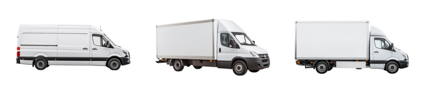Collection of set White delivery van isolated on transparent background. PNG file, cut out	