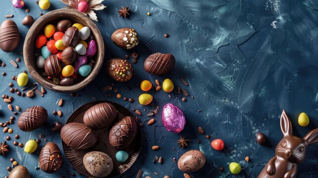 Delicious chocolate easter eggs ,bunny and sweets on dark blue background