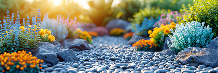 A vibrant garden harmonizes rocks and flowers, creating a picturesque tableau of color and texture under the sunlit sky - obrazy, fototapety, plakaty
