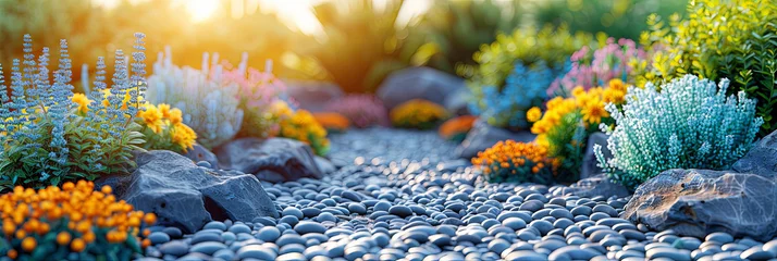 Fotobehang A vibrant garden harmonizes rocks and flowers, creating a picturesque tableau of color and texture under the sunlit sky © nnattalli