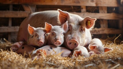 Fertile sow lying on straw and piglets suckling in barn
