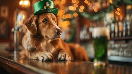 A dog in festive attire ready to celebrate saint patrick's day at the bar with a pint of green beer - obrazy, fototapety, plakaty