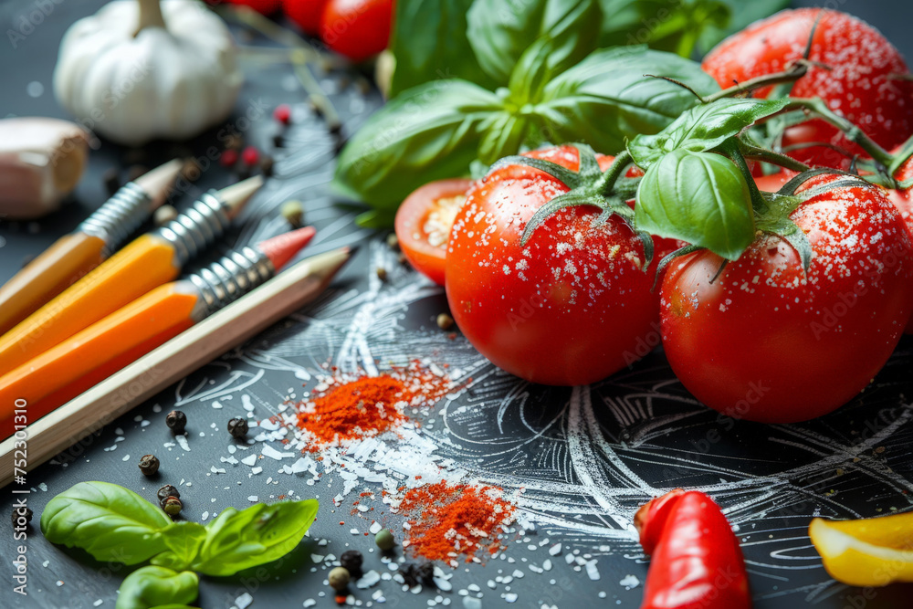 Poster a colorful assortment of ripe tomatoes, assorted vegetables, and vibrant produce overflowing on a ru