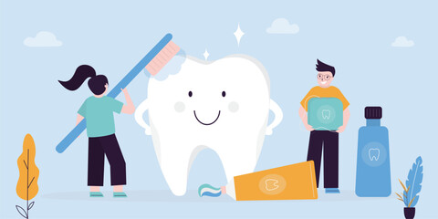 Cute kids taking care of tooth. Brushing teeth with toothbrush, toothpaste and dental floss. Cartoon characters with healthy white teeth. Healthcare, dental and oral care concept