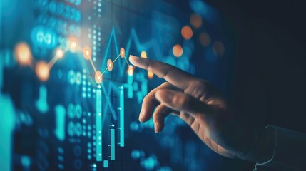 Hand pointing at abstract upward digital chart arrow on blue background. Finance concept