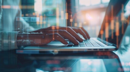 Man Typing Keyboard Laptop Hand.Project Manager Researching Process.Business Team Working Startup modern Office.Global Strategy Virtual Icon.Innovation Graphs Interfaces.Analyze market stock.Blurred