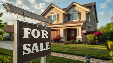 Home for sale with a sign with written for sale in front of a house