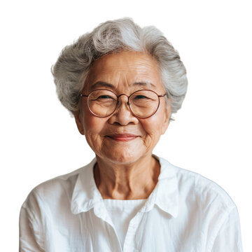 Portrait of senior Asian woman wearing glasses, isolated on transparent background