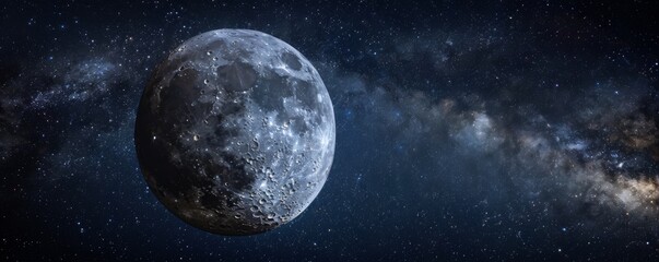 Fototapeta premium View of the moon in the night sky with the milky way in the background.