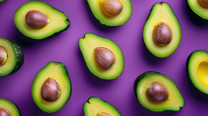 Colorful pattern of avocado on a purple background, top view, Generative AI