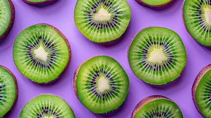 Fototapeta premium Colorful pattern of kiwi on a purple background, top view, Generative AI