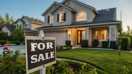 Home for sale with a sign with written for sale in front of a house