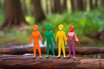 Toy people in nature, standing on log in the forest, holding hands happily