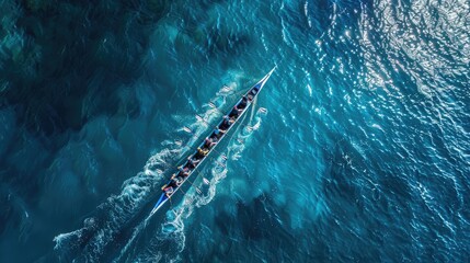 Aerial drone top ultra wide panoramic view of sport canoe rowing synchronous team of athletes competing in deep blue sea