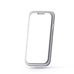 Smartphone with blank screen, rotated position isolated on white background. 3d rendered cell phone. Smartphone perspective view. Template for application or presentation UI design interface.