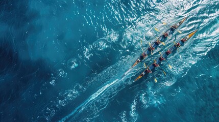 Aerial drone top ultra wide panoramic view of sport canoe rowing synchronous team of athletes competing in deep blue sea
